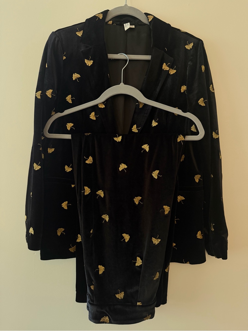 Black Velvet Blazer and Trousers with Gold Embroidered Motifs - Women